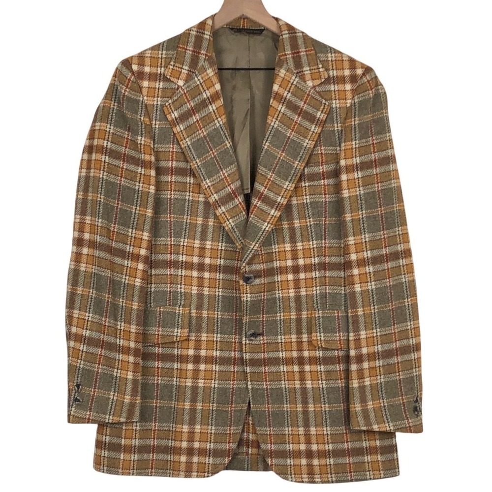 VTG‎ Hart Schaffner & Marx Escadrille Wool Blazer Sz 42R Plaid Brown Tan Olive